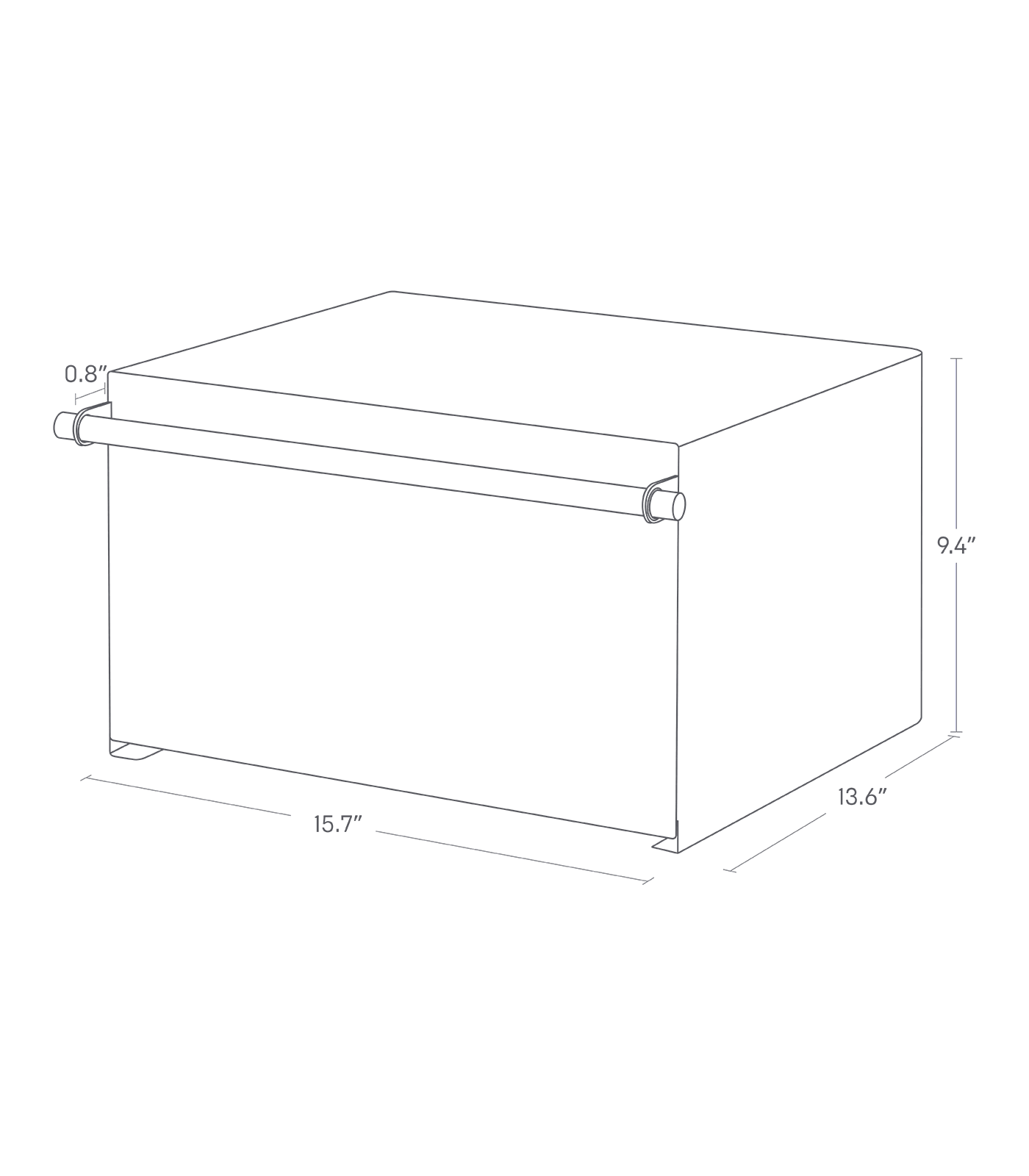 Dimension image of Horizontal Bread Box with a width of 15.7 inches, depth of 13.6 inches, and height of 9.4 inches. The space between the handle and the front panel of the box is 0.8 inches.