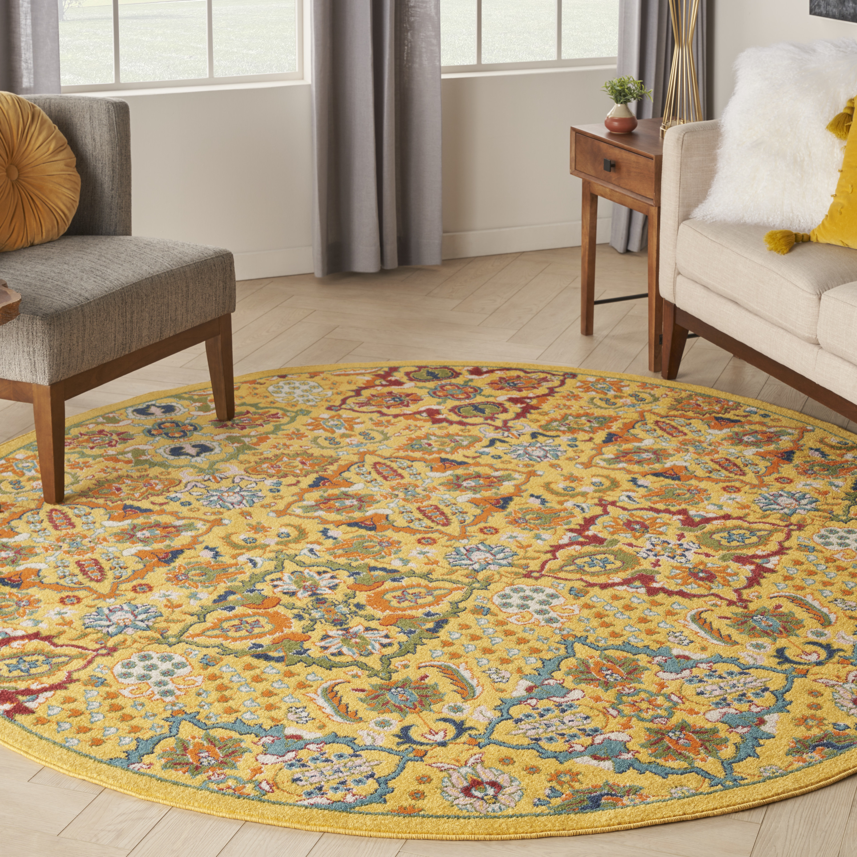 Nourison Allur 7’10” x Round Yellow Multicolor Bohemian Indoor Rug