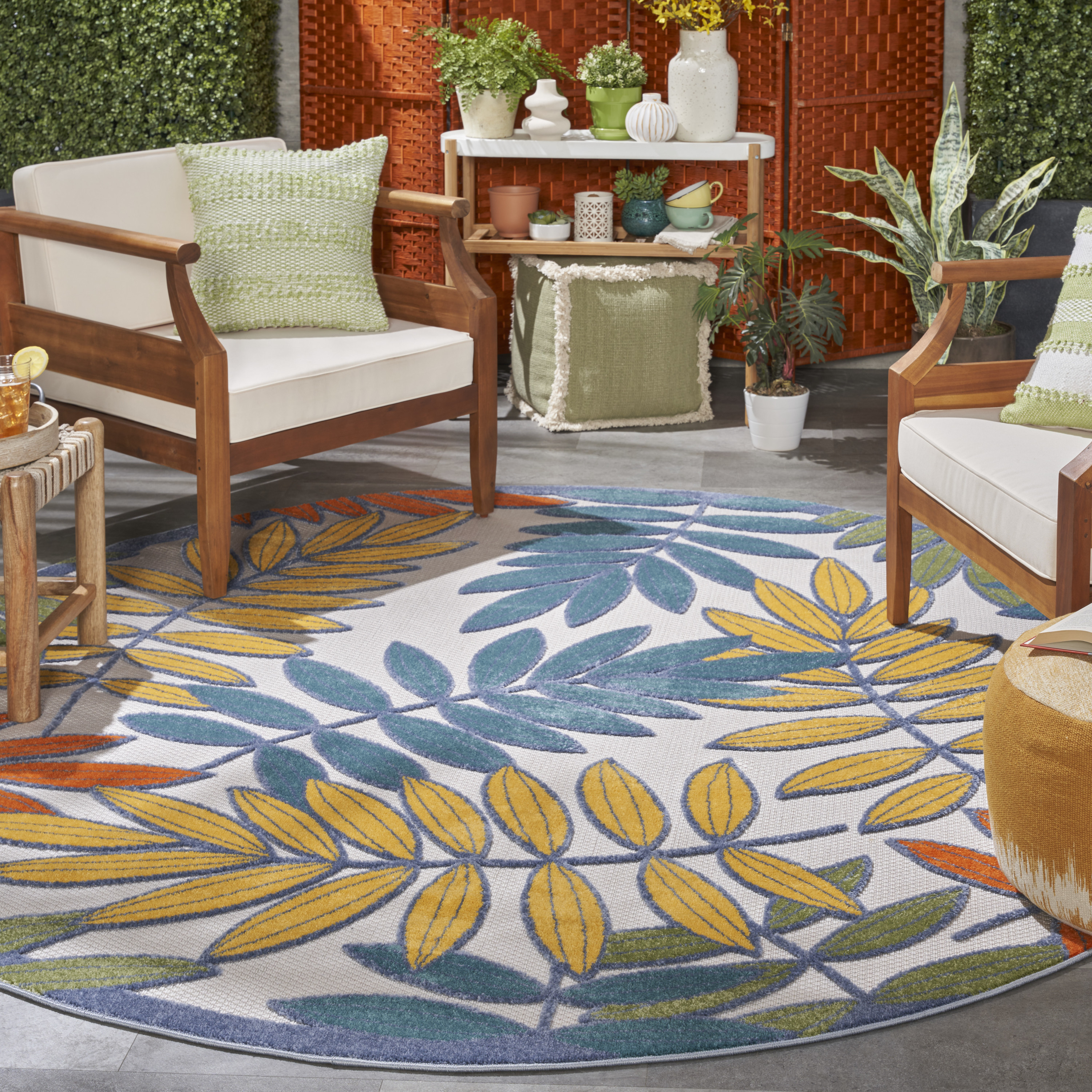 Nourison Aloha 7'10" x Round Ivory Multicolor Tropical Rug
