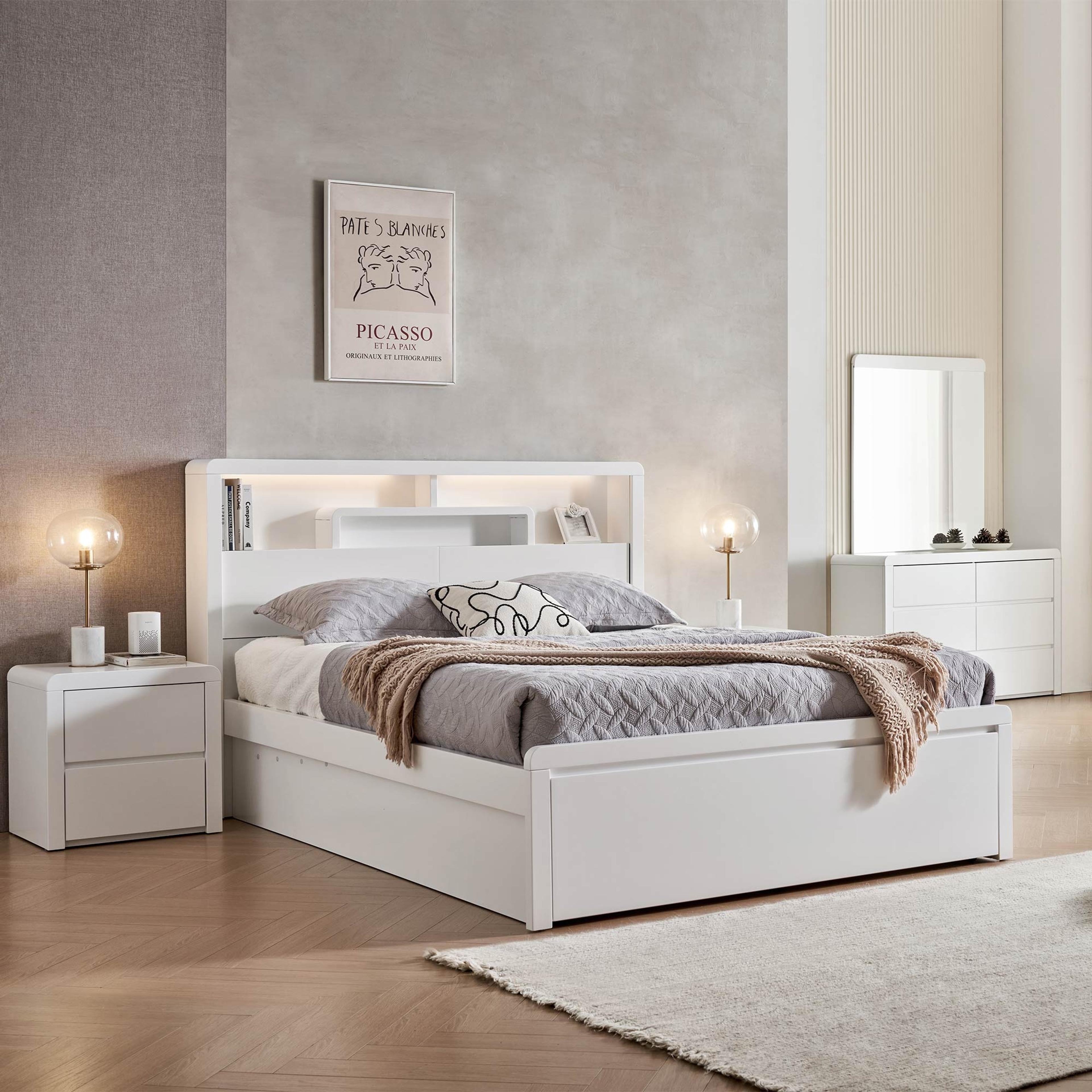 Lifestyle image of the Aria Bed Frame, Front Slat Gas Lift & End Drawer Base, Ivory White from Forty Winks