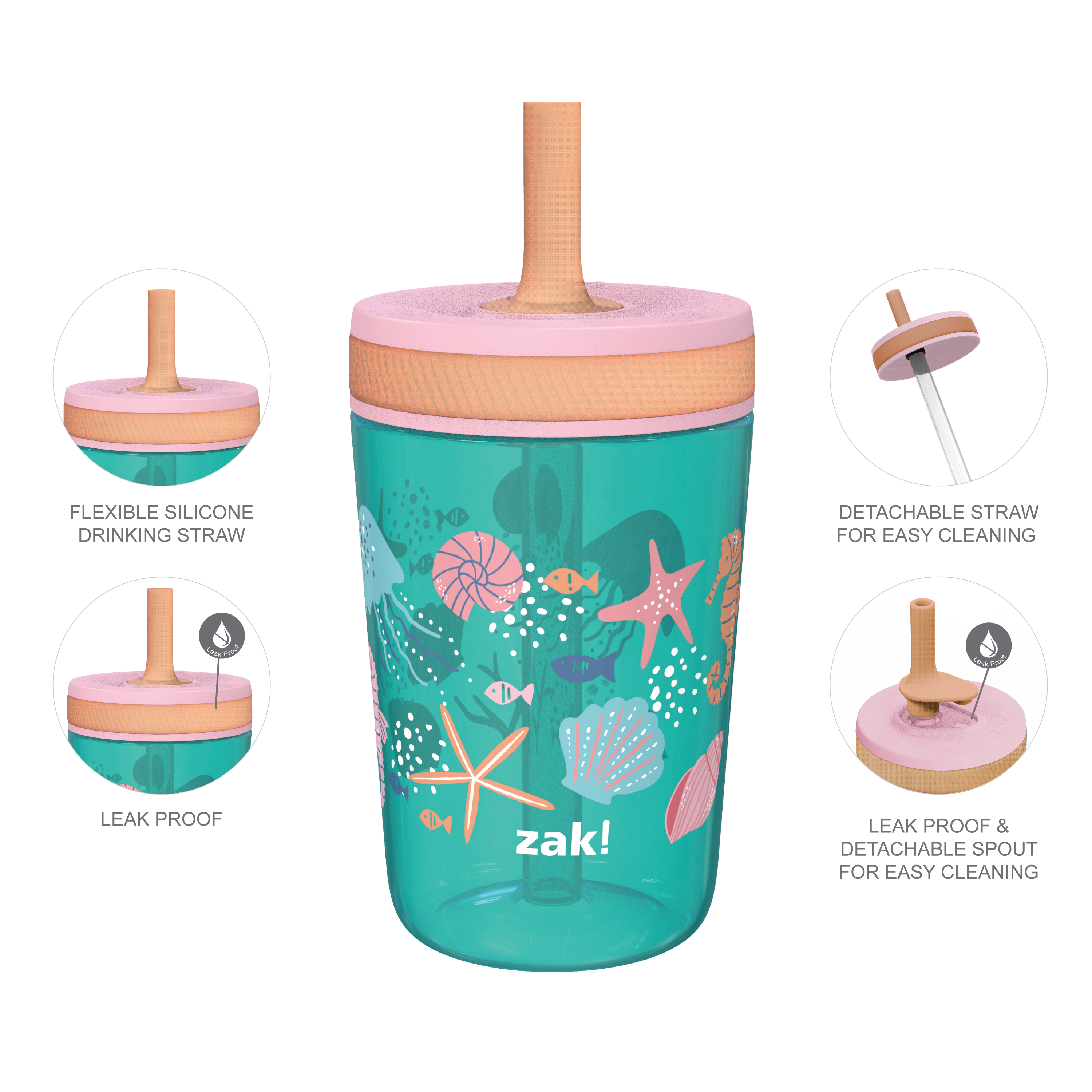 Zak Hydration 15  ounce Plastic Tumbler with Lid and Straw, Sea Shells, 2-piece set slideshow image 5