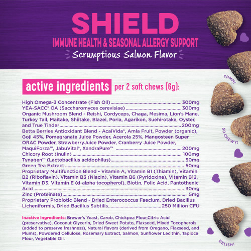 <p>Active Ingredients:<br />
High Omega 3 Concentrate (Fish Oil), YEA-SACC®OA (Saccharomyces cerevisiae), Organic Mushroom Blend – Reishi, Cordyceps, Chaga, Mesima, Lion’s Mane, Turkey Tail, Maitake, Shiitake, Blazei, Poria, Agarikon, Suehirotake, Oyster, and True Tinder, Betta Berries Antioxidant Blend – AcaiVida®, Amla Fruit, Powder (organic), Goji 45%, Pomegranate Juice Powder, Acerola 25%, Mangosteen Super ORAC Powder, Strawberry Juice Powder, Cranberry Juice Powder, MaquiForza™, JabuVital®, XandraPure™, Chicory Root (Inulin), Tynagen™ (Lactobacillus acidophilus), Green Tea Extract, Proprietary Multifunction Blend – Vitamin A, Vitamin B1 (Thiamin), Vitamin B2 (Riboflavin), Vitamin B3 (Niacin), Vitamin B6 (Pyridoxine), Vitamin B12, Vitamin D3, Vitamin E (d-alpha tocopherol), Biotin, Folic Acid, Pantothenic Acid, Zinc Proteinate (Zn), Proprietary Probiotic Blend – Dried Enterococcus Faecium, Dried Bacillus Licheniformis, Dried Bacillus Subtilis</p>
<p>Inactive Ingredients:<br />
Brewer’s Yeast, Carob, Chickpea Flour, Citric Acid (preservative), Coconut Glycerin, Dried Sweet Potato, Flaxseed, Mixed Tocopherols (added to preserve freshness), Natural flavors (derived from Oregano, Flaxseed, and Plums), Powdered Cellulose, Rosemary Extract, Salmon, Sunflower Lecithin, Tapioca Flour, Vegetable Oil.</p>
<p>Active Ingredients per 2 Soft Chews (6 g):<br />
High Omega 3 Concentrate (Fish Oil)				300mg<br />
YEA-SACC®OA (Saccharomyces cerevisiae)				300mg<br />
Organic Mushroom Blend – Reishi, Cordyceps, Chaga, Mesima, Lion’s Mane, Turkey Tail, Maitake, Shiitake, Blazei, Poria, Agarikon, Suehirotake, Oyster, and True Tinder				200mg<br />
Betta Berries Antioxidant Blend – AcaiVida®, Amla Fruit, Powder (organic), Goji 45%, Pomegranate Juice Powder, Acerola 25%, Mangosteen Super ORAC Powder, Strawberry Juice Powder, Cranberry Juice Powder, MaquiForza™, JabuVital®, XandraPure™				200mg<br />
Chicory Root (Inulin)				100mg<br />
Tynagen™ (Lactobacillus acidophilus)				50mg<br />
Green Tea Extract				50mg<br />
Proprietary Multifunction Blend – Vitamin A, Vitamin B1 (Thiamin), Vitamin B2 (Riboflavin), Vitamin B3 (Niacin), Vitamin B6 (Pyridoxine), Vitamin B12, Vitamin D3, Vitamin E (d-alpha tocopherol), Biotin, Folic Acid, Pantothenic Acid				30mg<br />
Zinc (Proteinate)				5mg<br />
Proprietary Probiotic Blend – Dried Enterococcus Faecium, Dried Bacillus Licheniformis, Dried Bacillus Subtilis				250 Million CFU</p>
