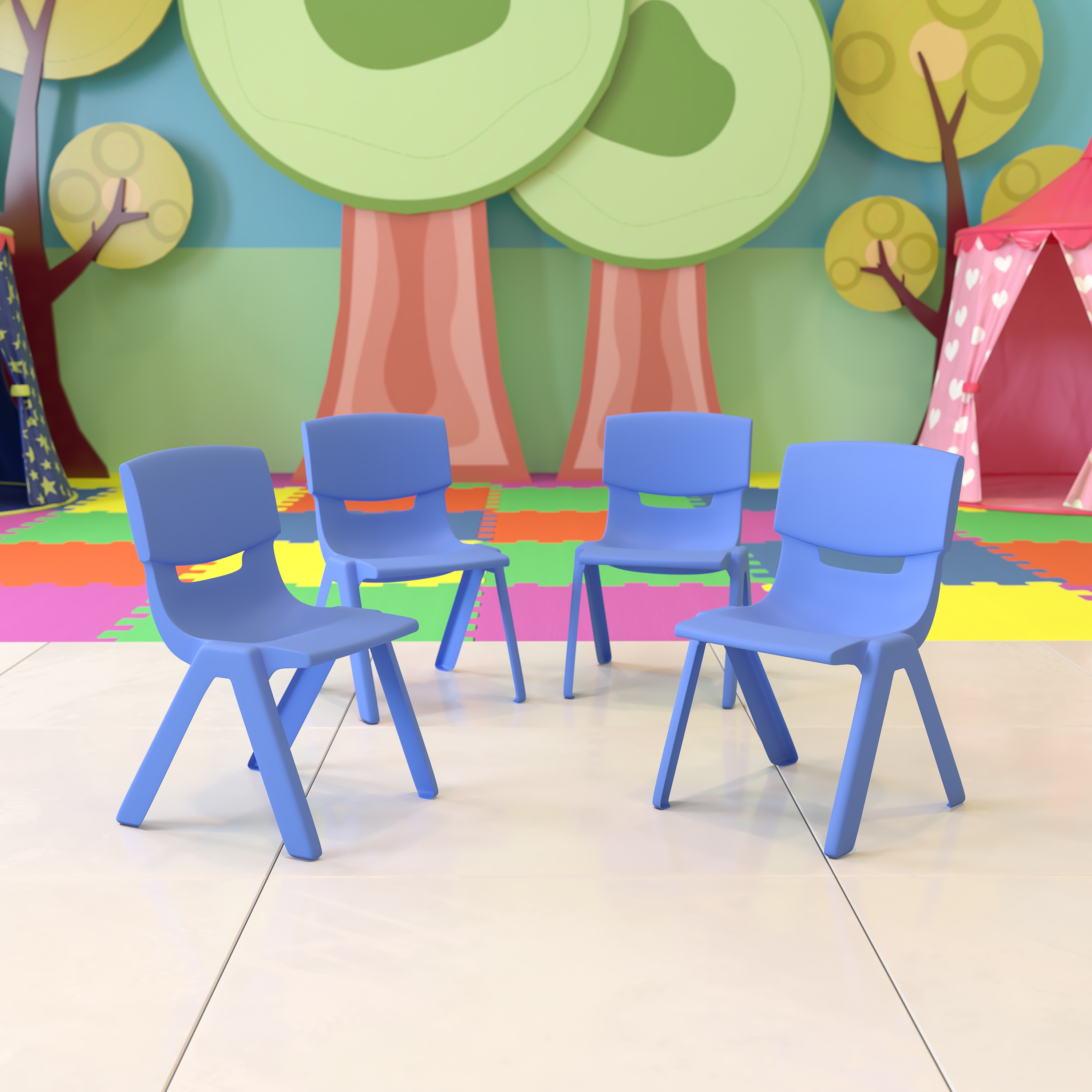 Pack de 4 sillas escolares apilables de plástico azul con asiento de 10,5" H, silla preescolar - Imagen 48 de 58