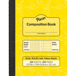 Dual Ruled Composition Book, Yellow, 1/4 in grid and 3/8 in (wide) 9-3/4" x 7-1/2", 100 Sheets