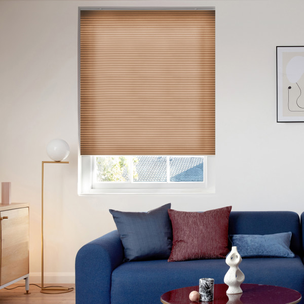 Honey-brown pleated cellular blind, fully lowered across the window, softly filtering daylight; living room with a blue sofa and mixed cushions, round coffee table, floor lamp, and partial roof/trees visible below.