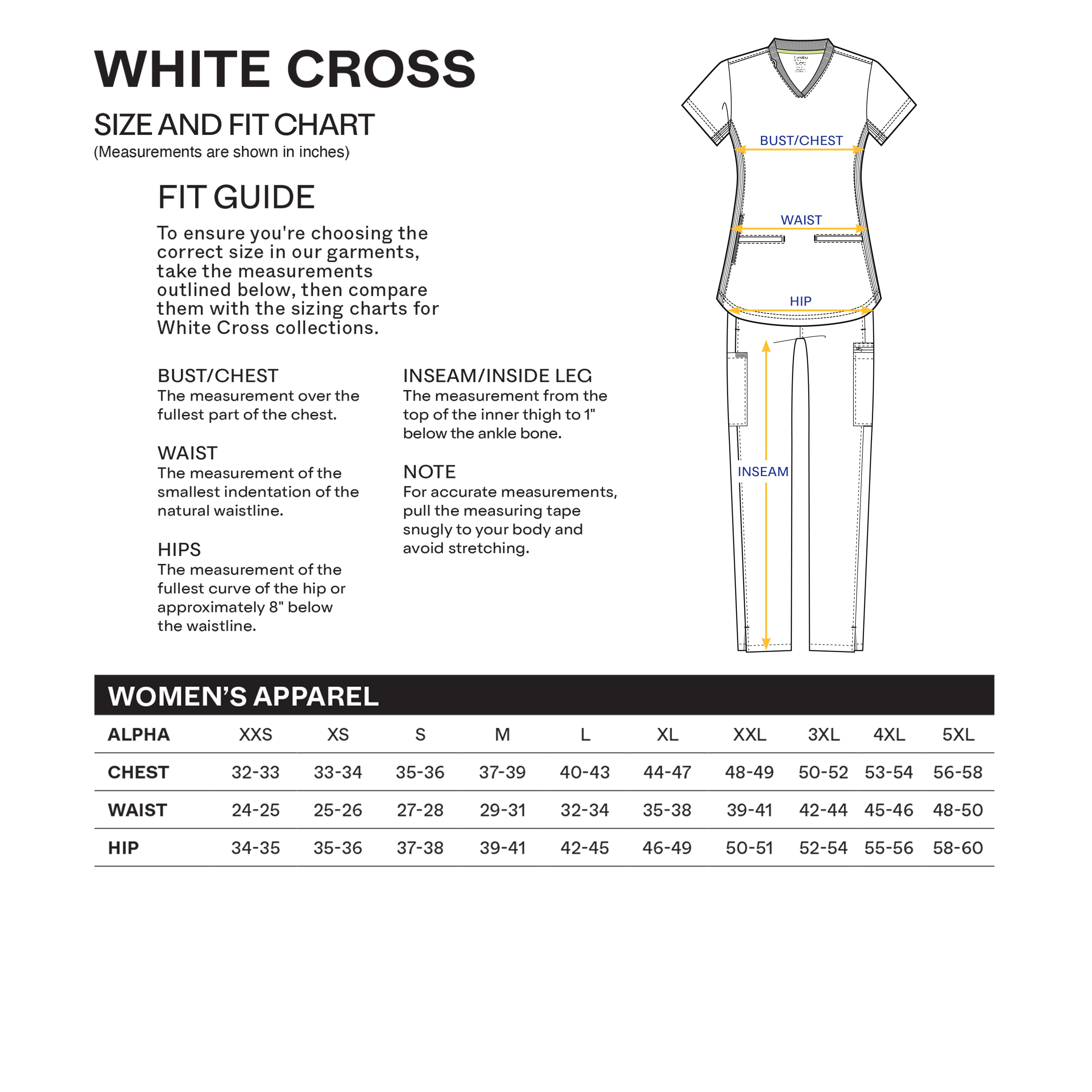 Size chart for Women's Long-Sleeve Underscrub Tee