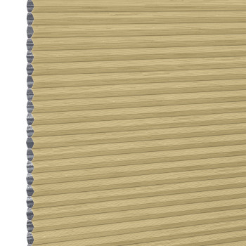 Honeycomb (cellular) blind, tan with silver inner cells, fully lowered and closed, filtering and blocking light; close-up view showing horizontal pleats and cell edges against a neutral interior background.