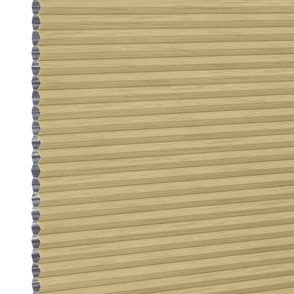 Honeycomb (cellular) blind, tan with silver inner cells, fully lowered and closed, filtering and blocking light; close-up view showing horizontal pleats and cell edges against a neutral interior background.