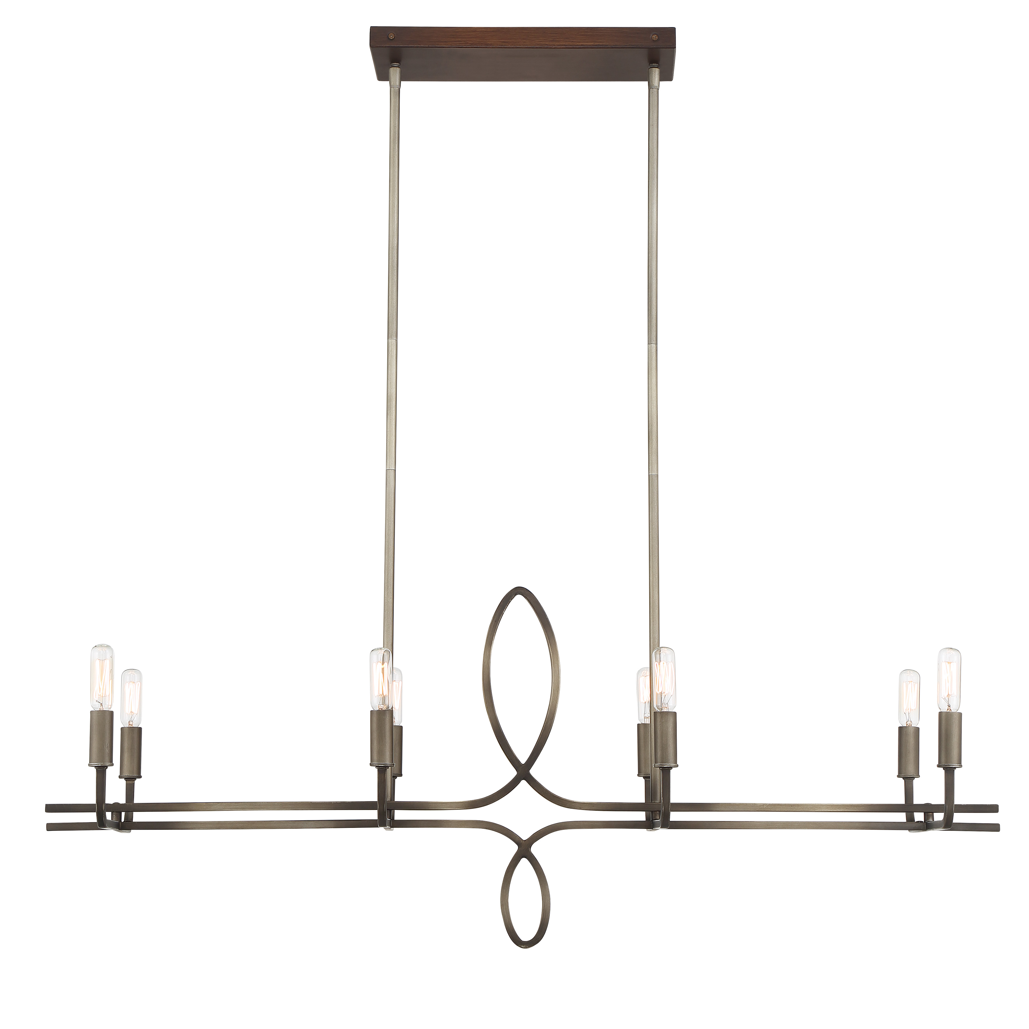 Robin Baron's Yorkville brings sophisticated farmhouse charm to kitchen islands and dining spaces. The aged darkwood finish paired with silver patina creates a distinctive two-tone look, while eight candelabra lights provide ample illumination. - alternate view