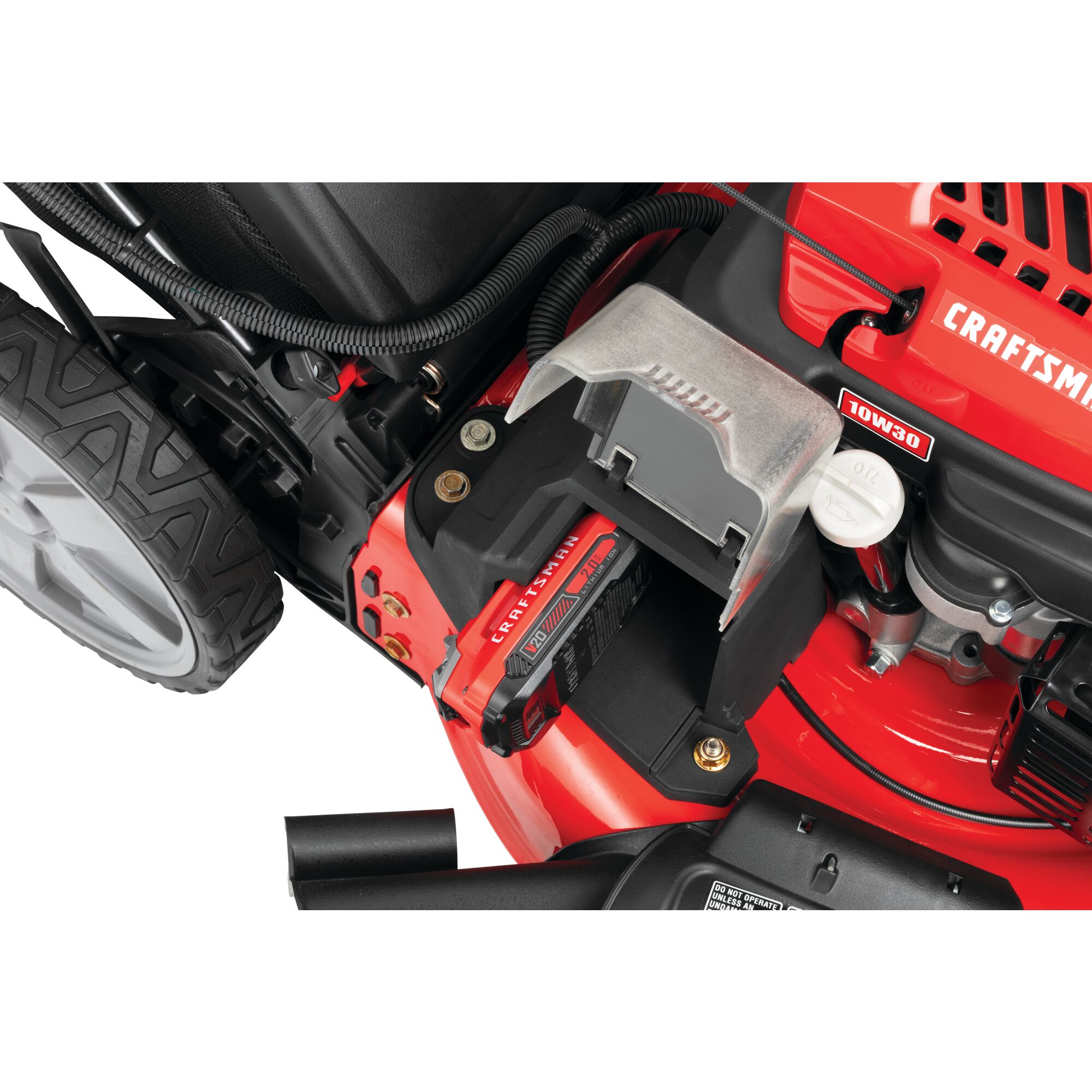 Removable motor feature of a 21 inch 159 c c f w d self propelled mower with v 20 battery start.