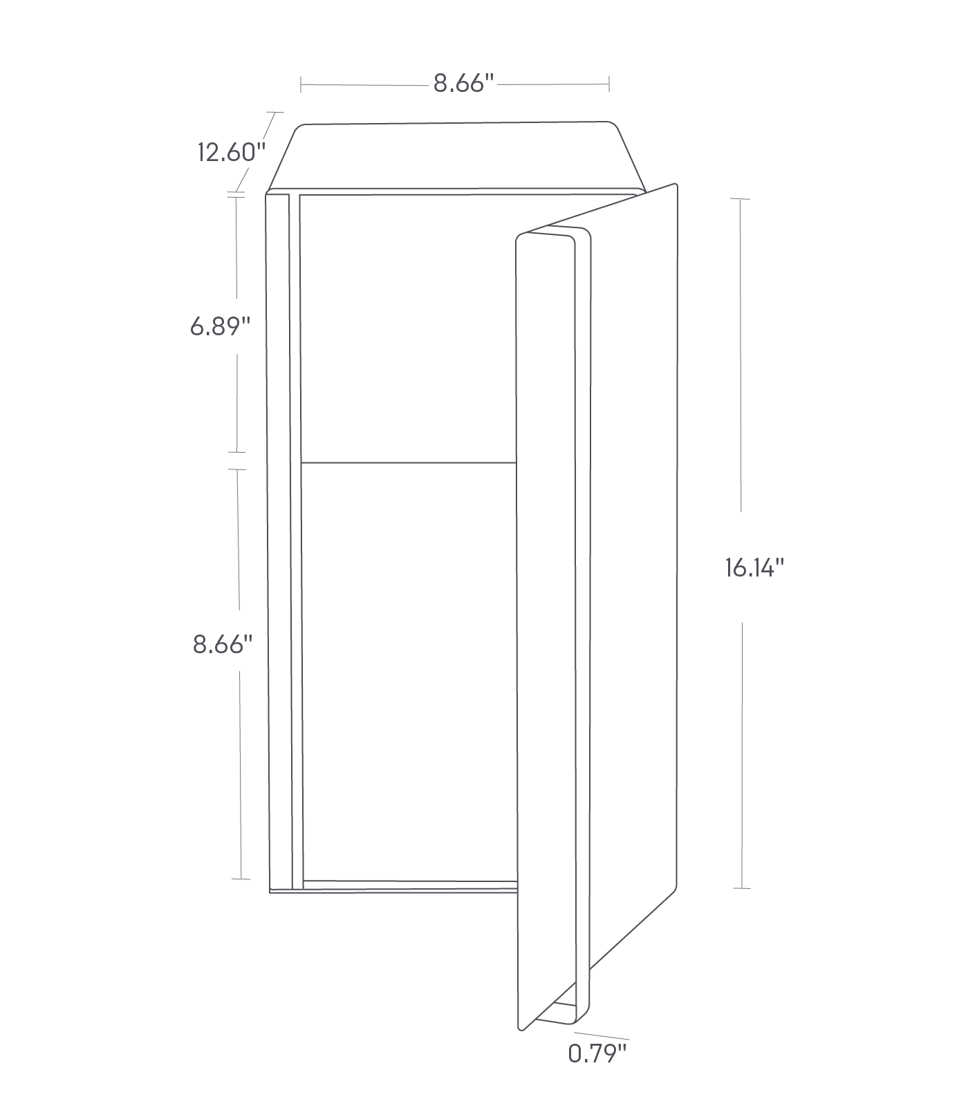 Dimenision image for Bread Box - Two Styleson a white background showing total width of 8.66 inches, length of 12.60 inches, height of 16.14 inches. There is a divider in the box between 6.89 inches and 8.66 inches. The door frame shows thickness of 0.79 inches.