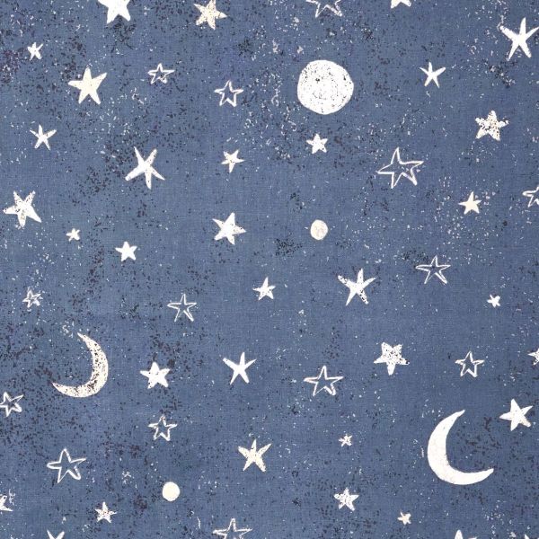 Textured navy-blue fabric patterned with white, hand-drawn stars, crescent moons, and dots; the print is distressed and scattered across the surface, creating a night-sky motif on a flat background.
