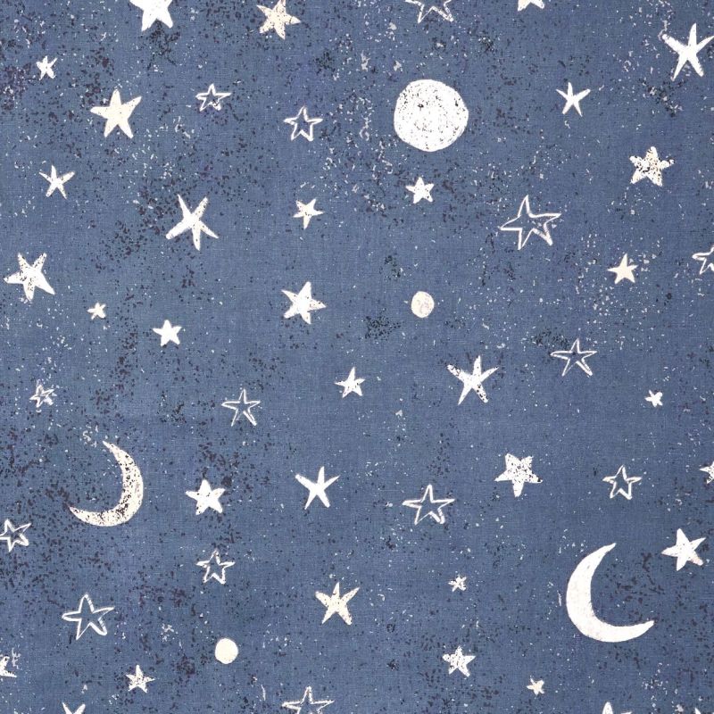 Textured navy-blue fabric patterned with white, hand-drawn stars, crescent moons, and dots; the print is distressed and scattered across the surface, creating a night-sky motif on a flat background.