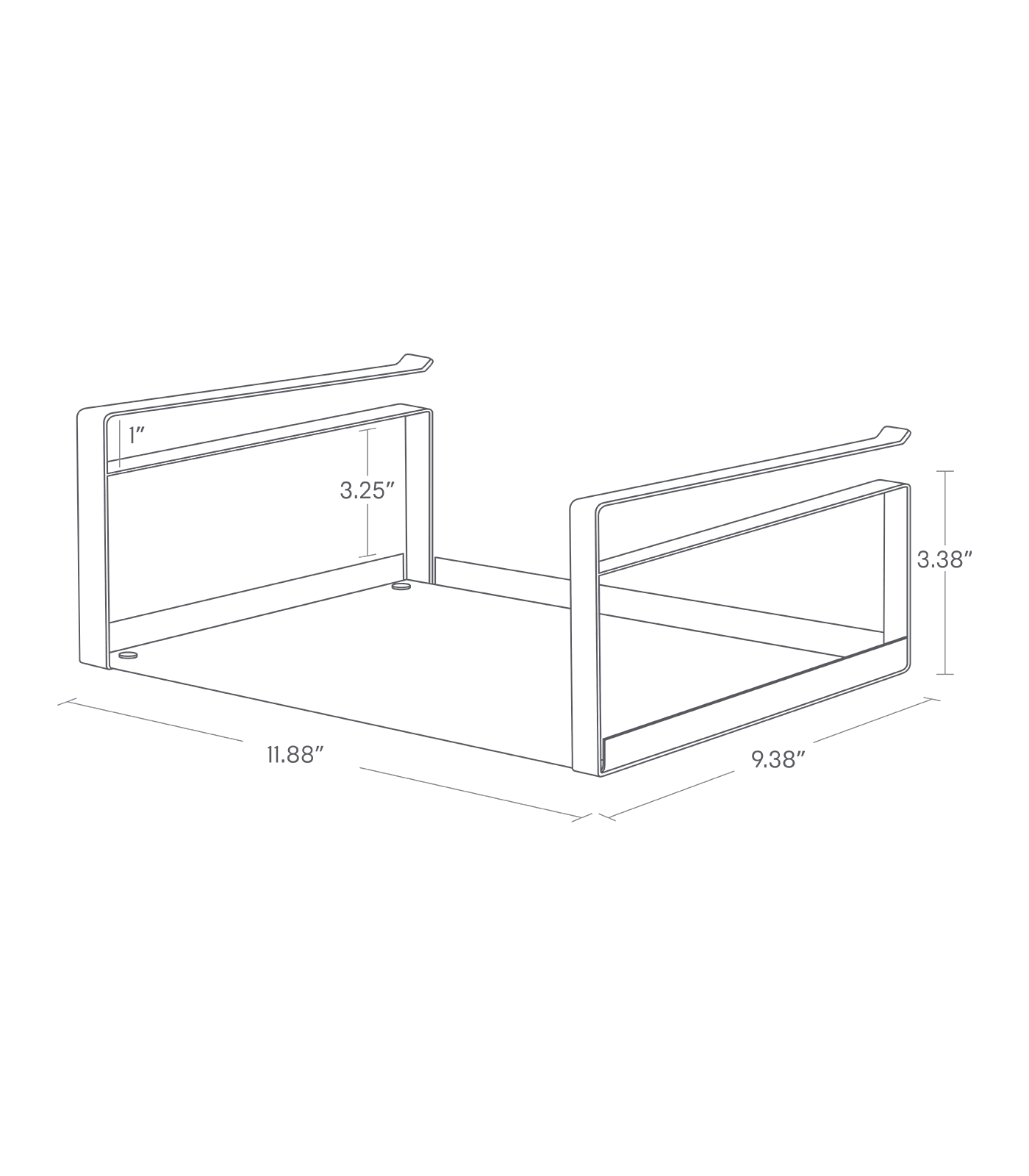 Dimension image for Undershelf Organizer showing height of 3.38 inches, length of 9.38 inches, width of 11.88 inches and1 inch between the top bar and the middle bar and 3.25 inches between the middle bar and the bottom