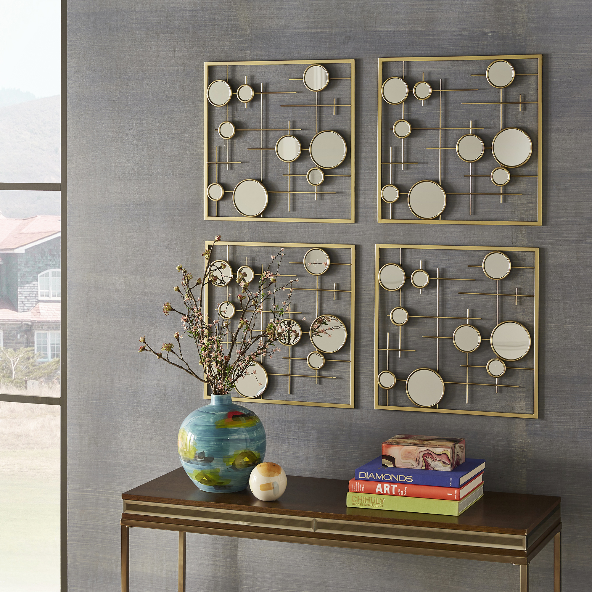 4-Piece Gold Square Wall Mirror with Bubbles