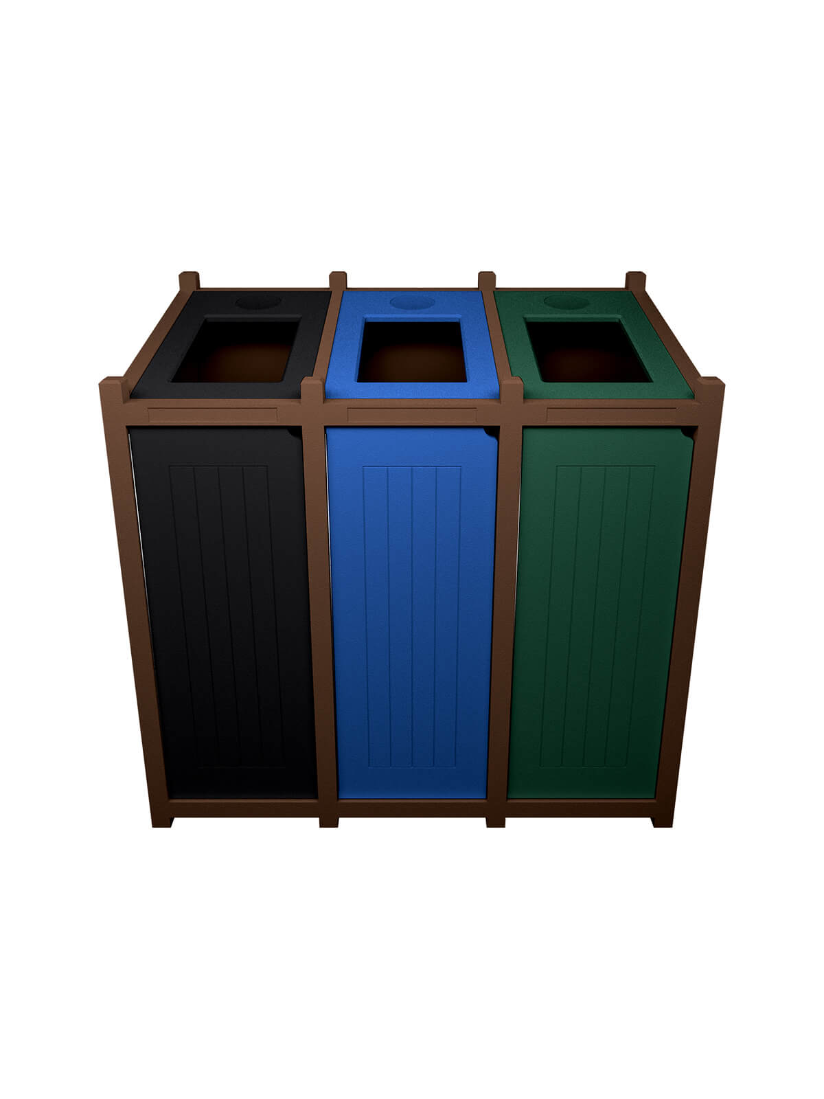 Busch Systems Aspyre Collection Venture Series triple in tudor brown with black blue and green doors and openings