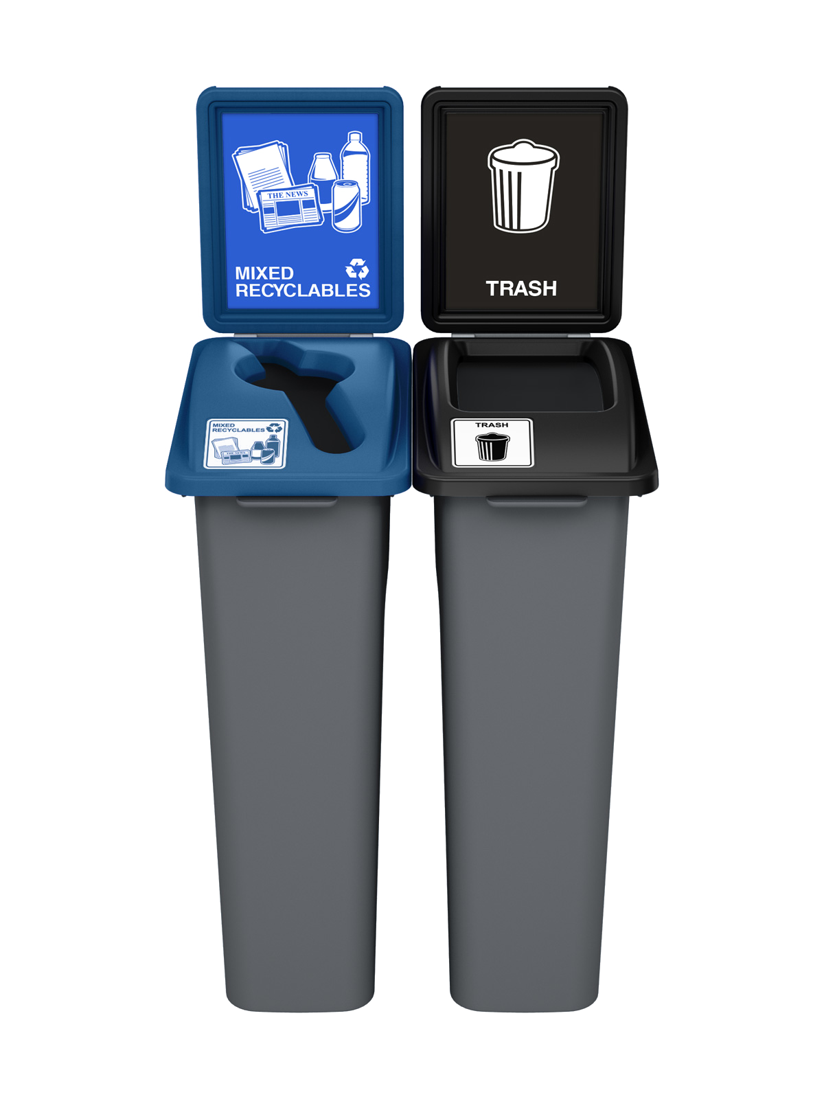 WASTE WATCHER – Double – Kit – Mixed Recyclables-Trash – Mixed-Full – Grey PCR-Blue PCR-Black PCR