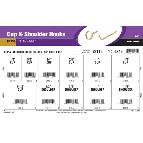 Brassplated Cup & Shoulder Hooks Assortment (1/2" Thru 11/2") Hooks