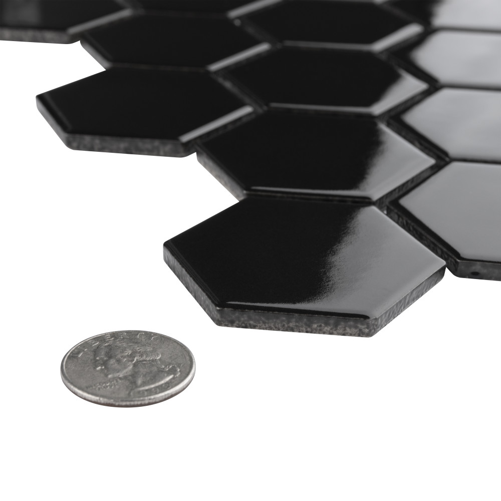 Metro 2″ Hex Glossy Black 11-1/8 in. x 12-5/8 in. Porcelain Mosaic Tile