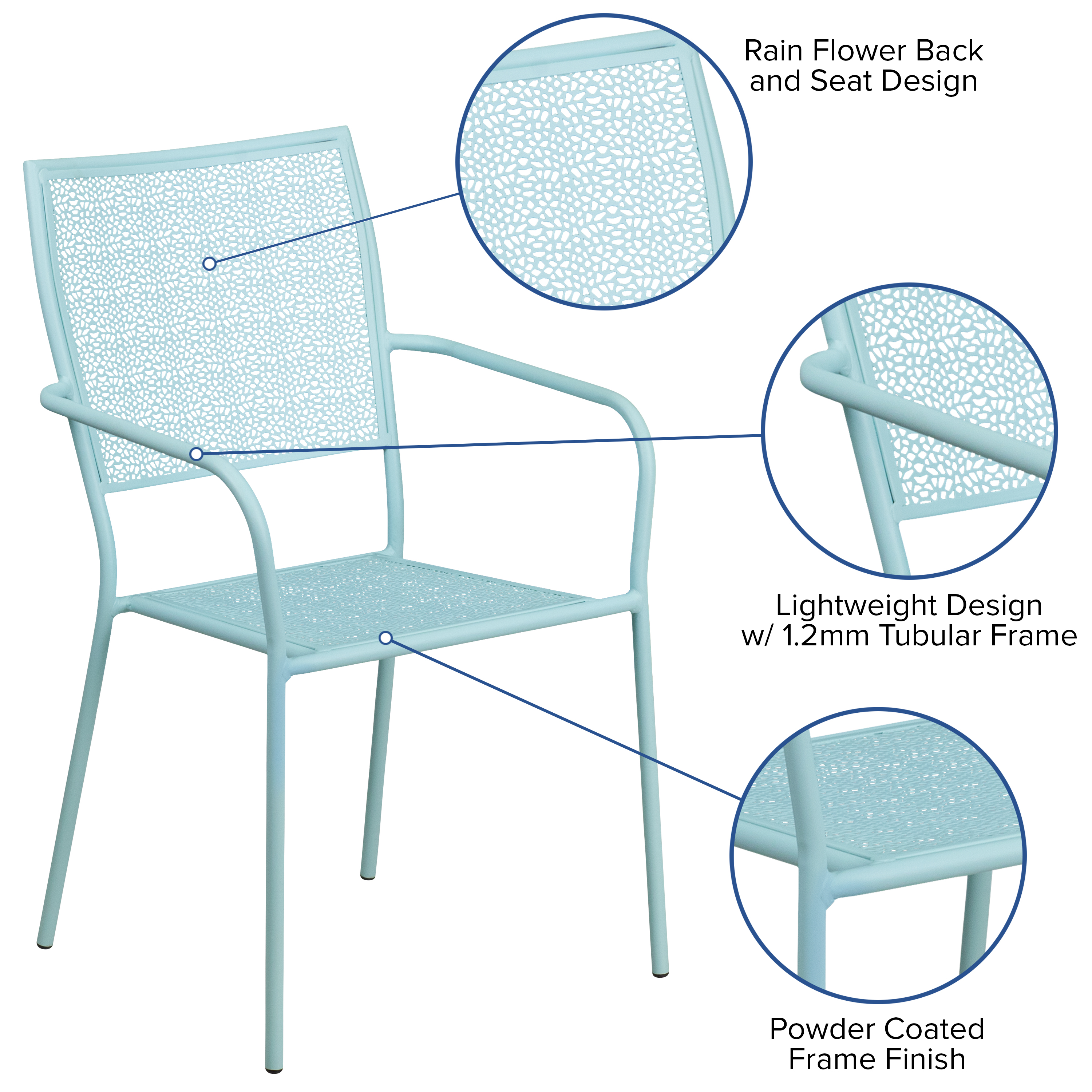 Commercial Grade Sky Blue Indoor-Outdoor Steel Patio Arm Chair with Square Back - Picture 24 of 61
