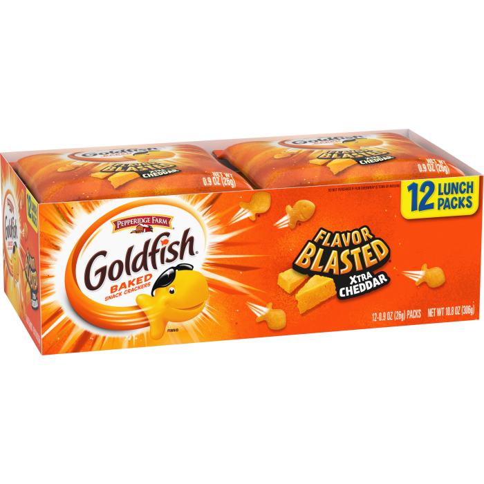 Goldfish® Xtra Cheddar Crackers, 12 count box, 0.9 oz, bag - Left Angle Image