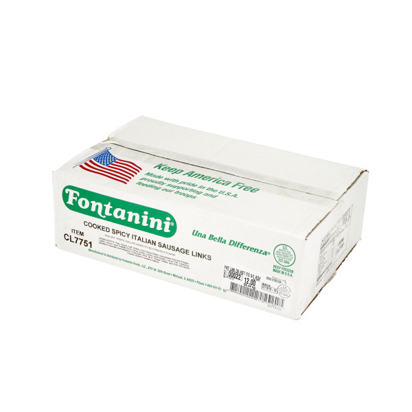 FONTANINI(r) Spicy Italian Sausage Link, Cooked, 5/lb, 4/3 lb . C1RA - Front Right Closed Case (Hi Res)