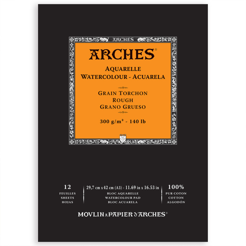 Arches Aquarelle Watercolor Paper Pad, Rough, Natural White, 140lb/300gsm, Glue Binding, 12 Sheet, 11.69x16.53 inch, 1 Count