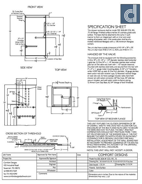 Technical Drawing — Cd Shower Spec Sheet Sss 3636 Bf 75 Col Rfl Slb Vb Fhdp Cr Vp Easy Base