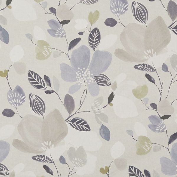 Watercolor-style floral wallpaper/fabric — repeating large pale gray, lavender and green blossoms with stylized leaves — printed flat, creating a soft, muted botanical pattern on a light beige background.