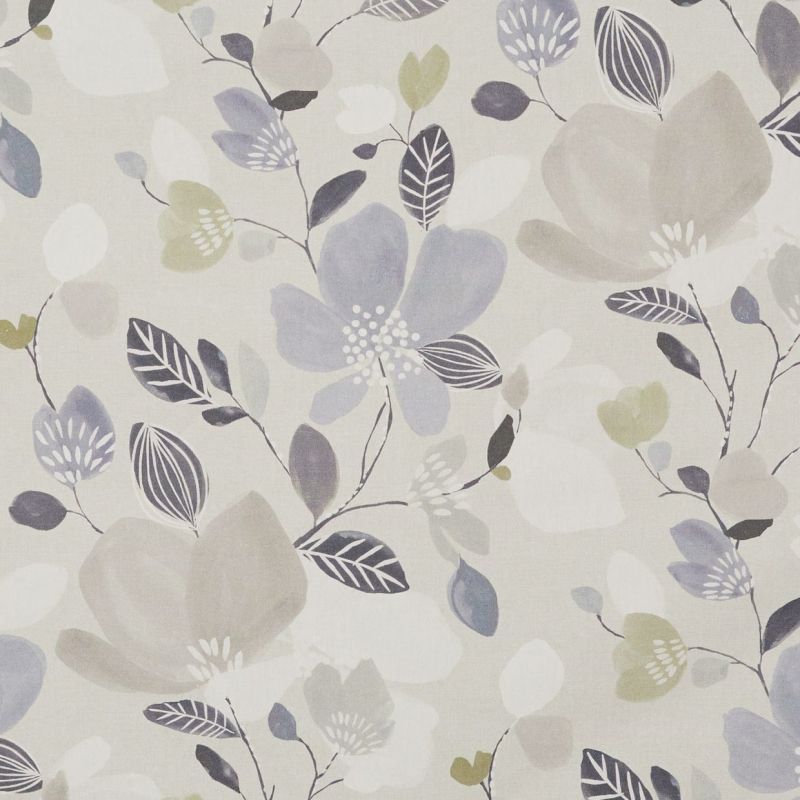Watercolor-style floral wallpaper/fabric â€” repeating large pale gray, lavender and green blossoms with stylized leaves â€” printed flat, creating a soft, muted botanical pattern on a light beige background.