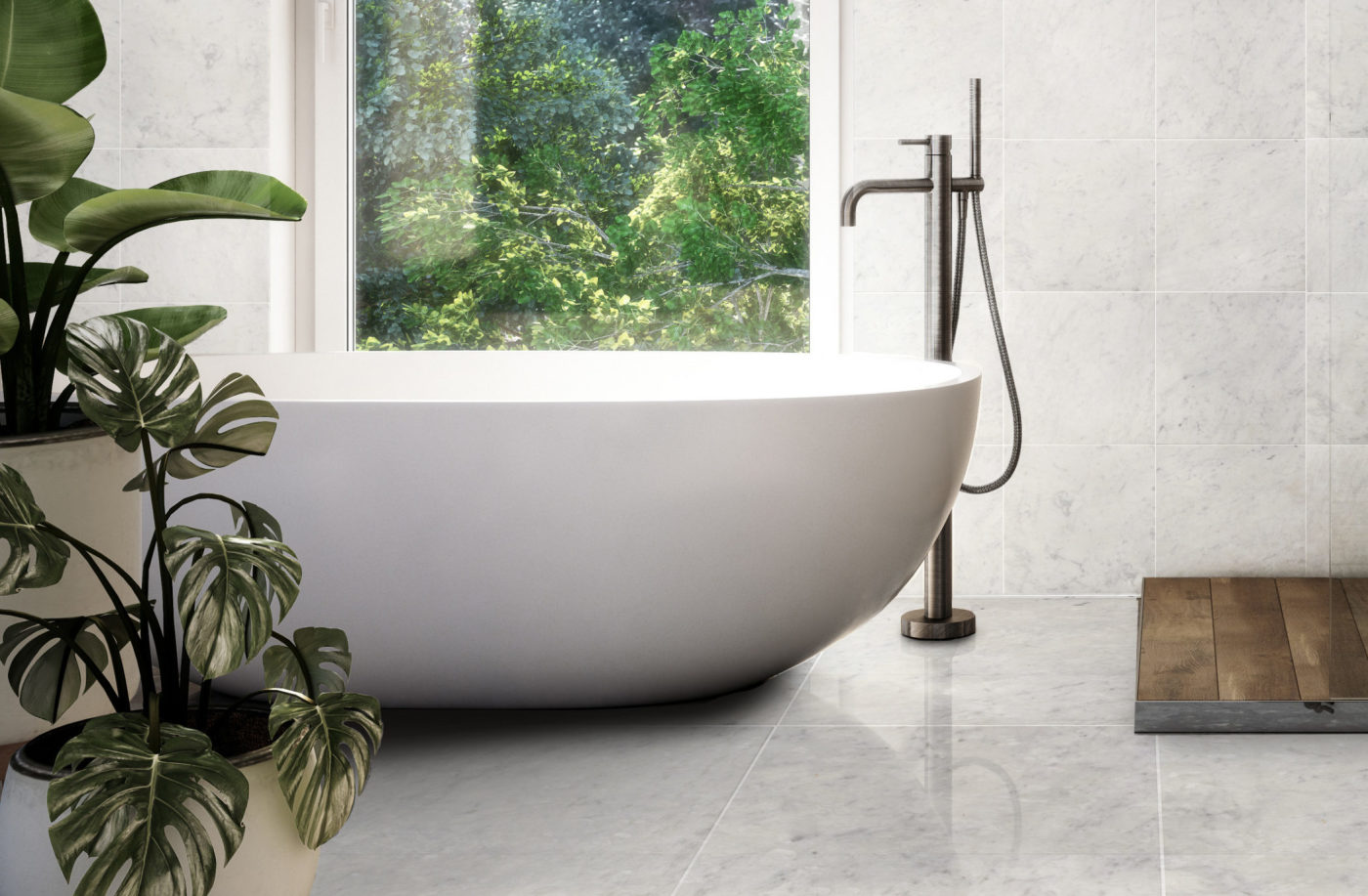 a white tiled bathroom with a large tub and plants.