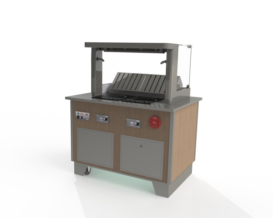 4-Series downdraft vent system with induction and fire suppression includes 18-inch high food guard and left side 1 hob operator station