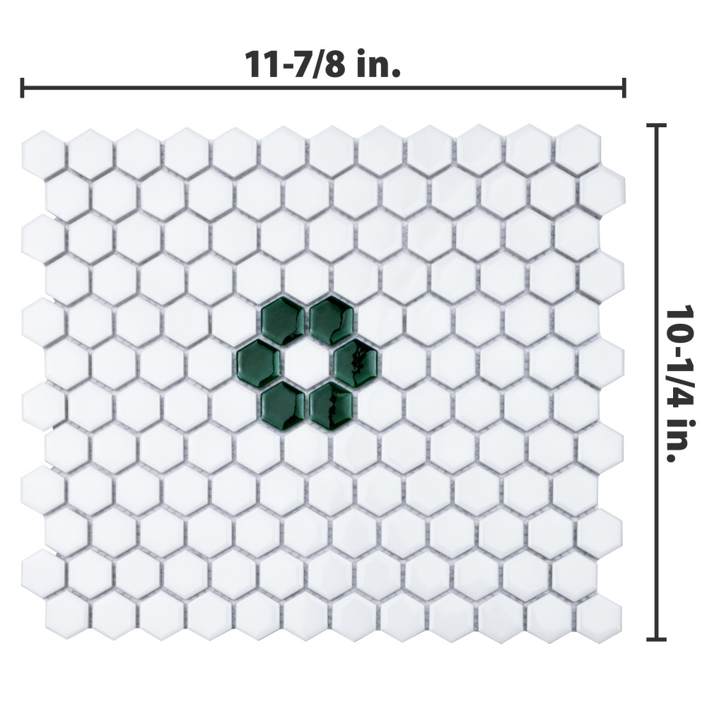 Metro Ion 1″ Hex Emerald Single Flower w/ Glossy White 10-1/4 in. x 11-7/8 in. Porcelain Mosaic Tile
