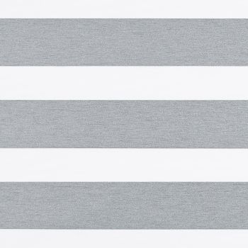 Horizontal zebra roller blind with alternating textured grey opaque and white sheer stripes, aligned flat and closed to create banded pattern; neutral-lit interior close-up with no visible window or view.