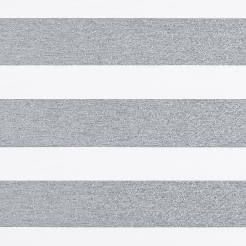 Horizontal zebra roller blind with alternating textured grey opaque and white sheer stripes, aligned flat and closed to create banded pattern; neutral-lit interior close-up with no visible window or view.