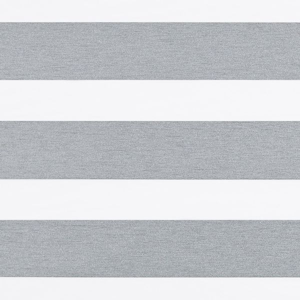 Horizontal zebra roller blind with alternating textured grey opaque and white sheer stripes, aligned flat and closed to create banded pattern; neutral-lit interior close-up with no visible window or view.