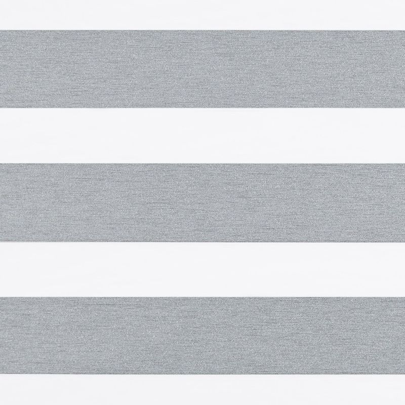 Horizontal zebra roller blind with alternating textured grey opaque and white sheer stripes, aligned flat and closed to create banded pattern; neutral-lit interior close-up with no visible window or view.