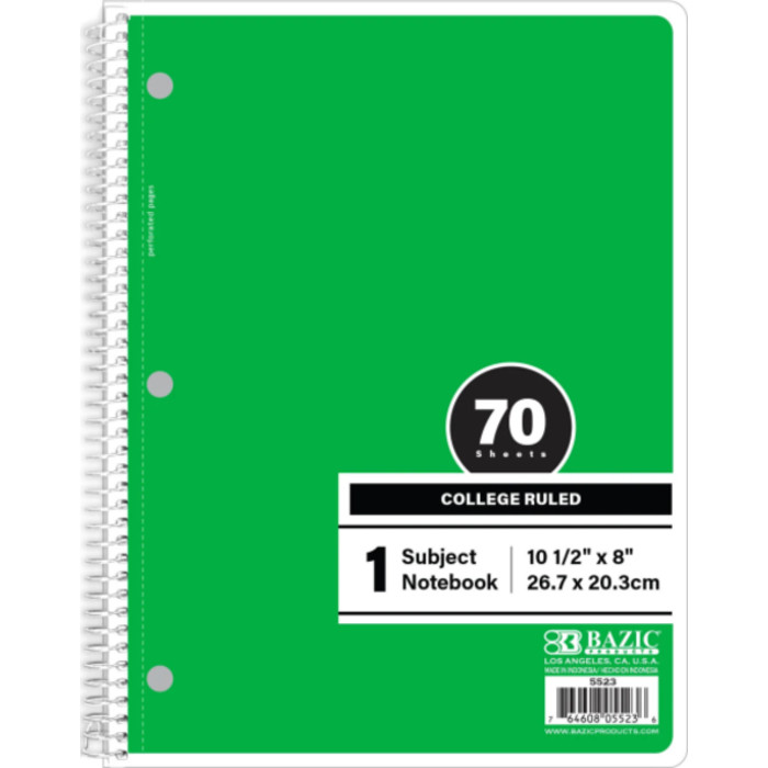 1-Subject Spiral Notebook, College Ruled, 70 Count, Green