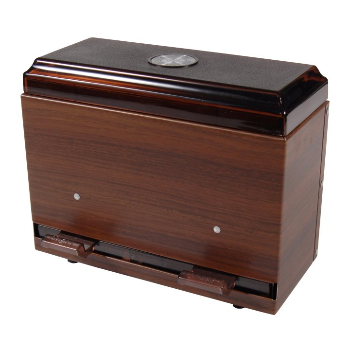One-sided bulk unwrapped straw dispenser in dark walnut woodgrain