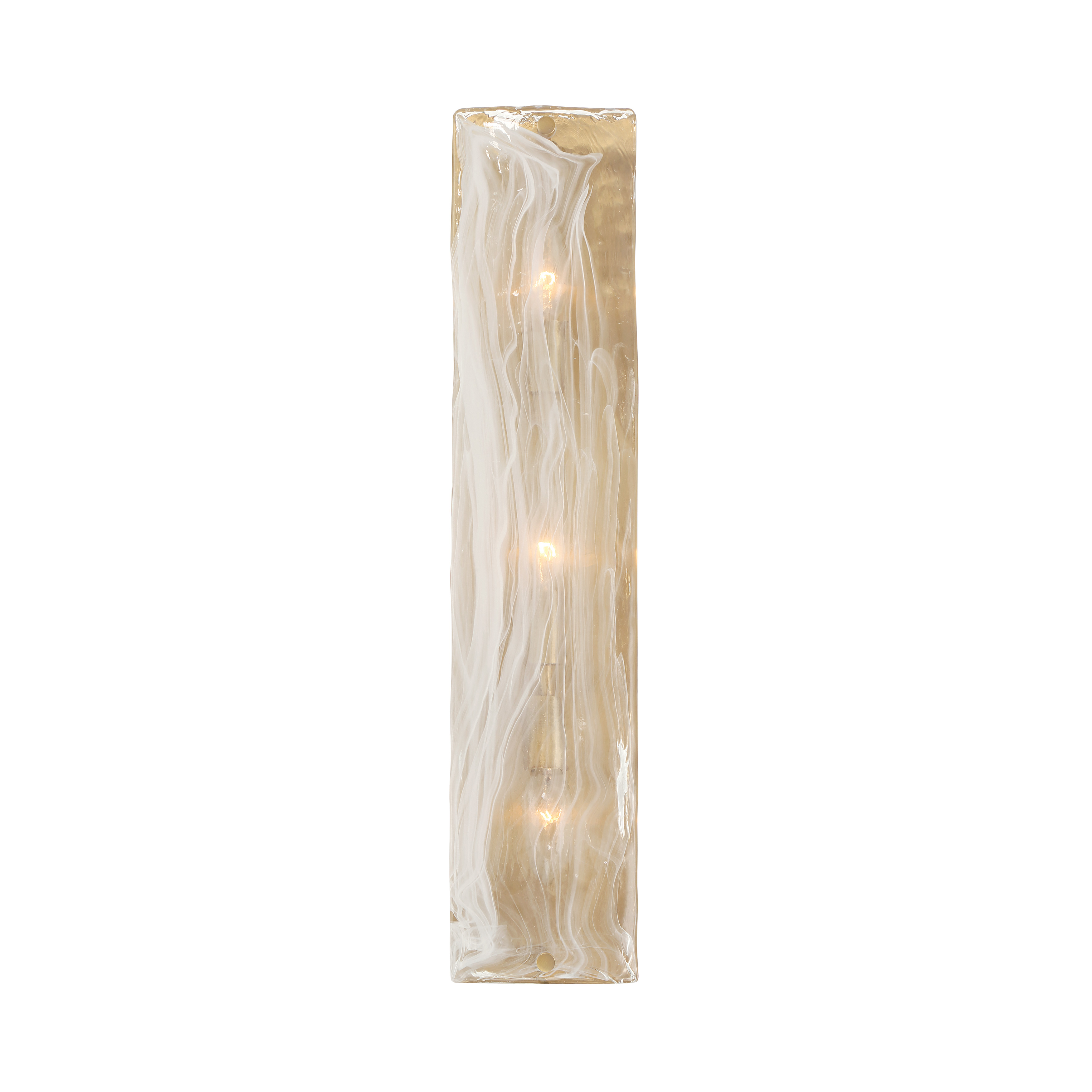 The Veil 3-Light Vanity combines timeless Legacy Brass finish with sophisticated white swirl glass shades, delivering warm, flattering illumination perfect for bathroom vanities and powder rooms. - alternate view