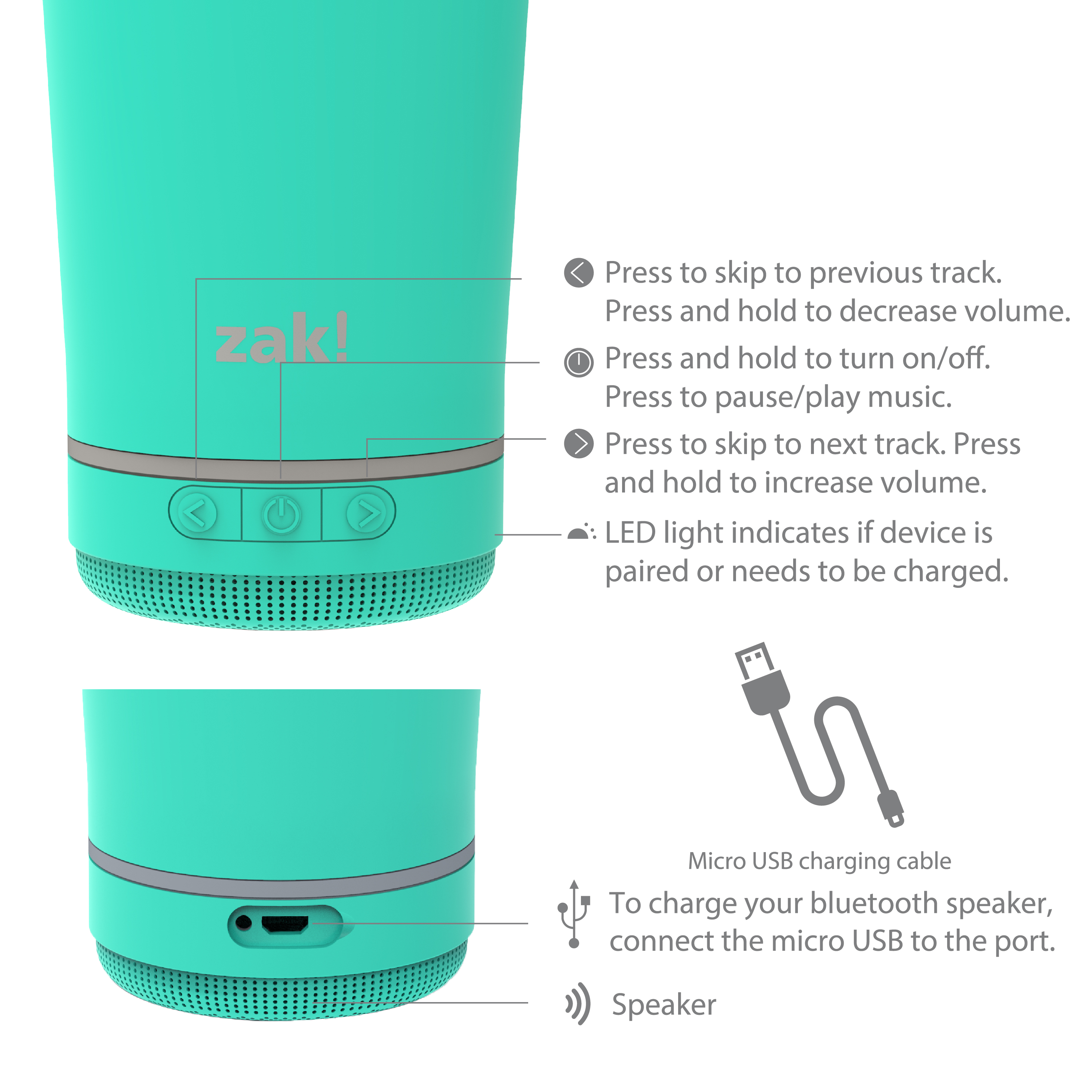 Zak Play 18 ounce Stainless Steel Tumbler with Bluetooth Speaker, Teal slideshow image 6 Zak Play 18 ounce Stainless Steel Tumbler with Bluetooth Speaker, Teal slideshow image 6