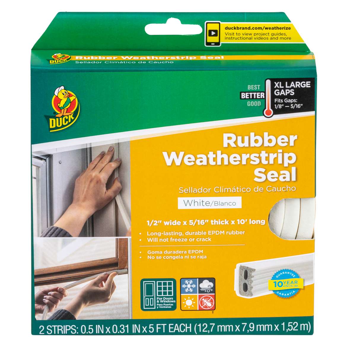 Duck® Brand Heavy-Duty Weatherstrip Seal - Extra Large Gap, White, .5 in. x .31 in. x 10 ft.