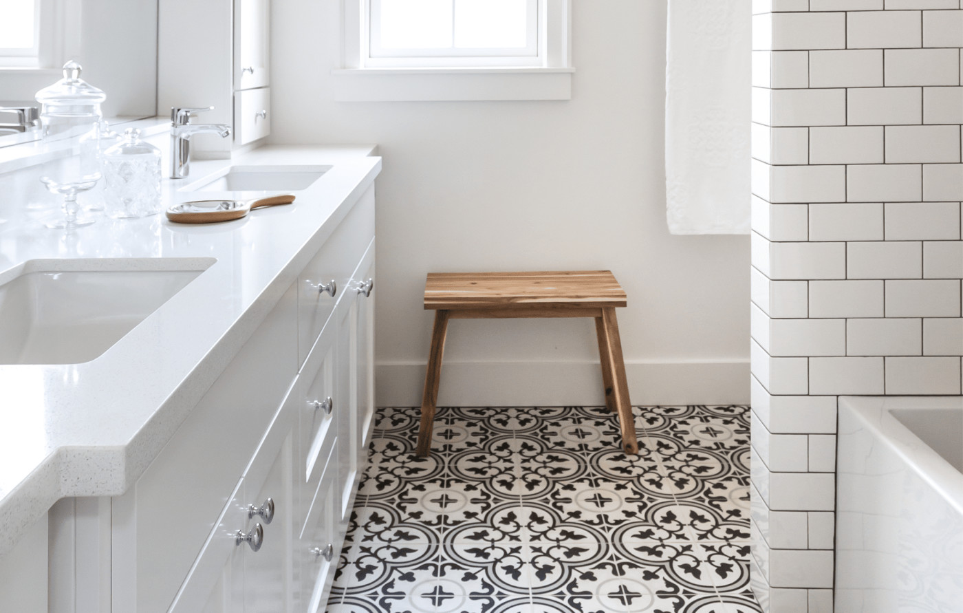 a bathroom with a black and white tile floor.