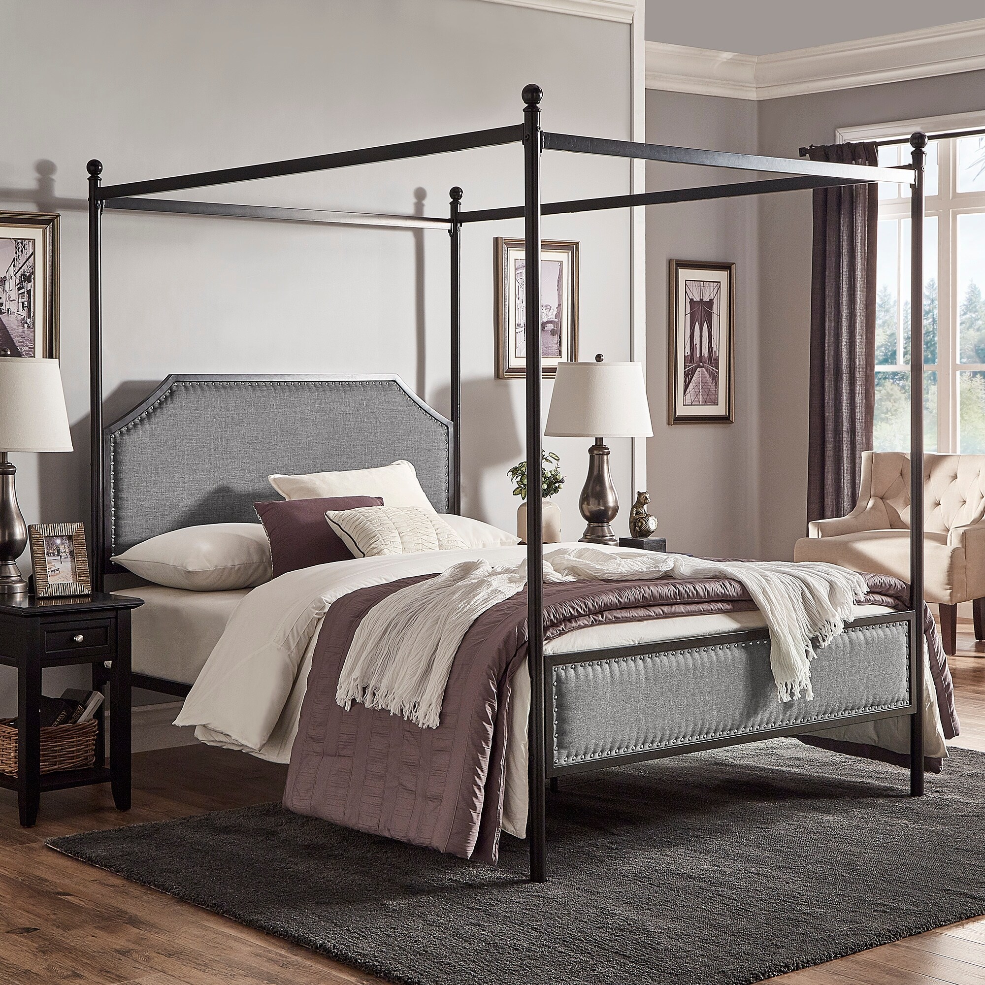 Grey Upholstered Metal Canopy Queen Bed