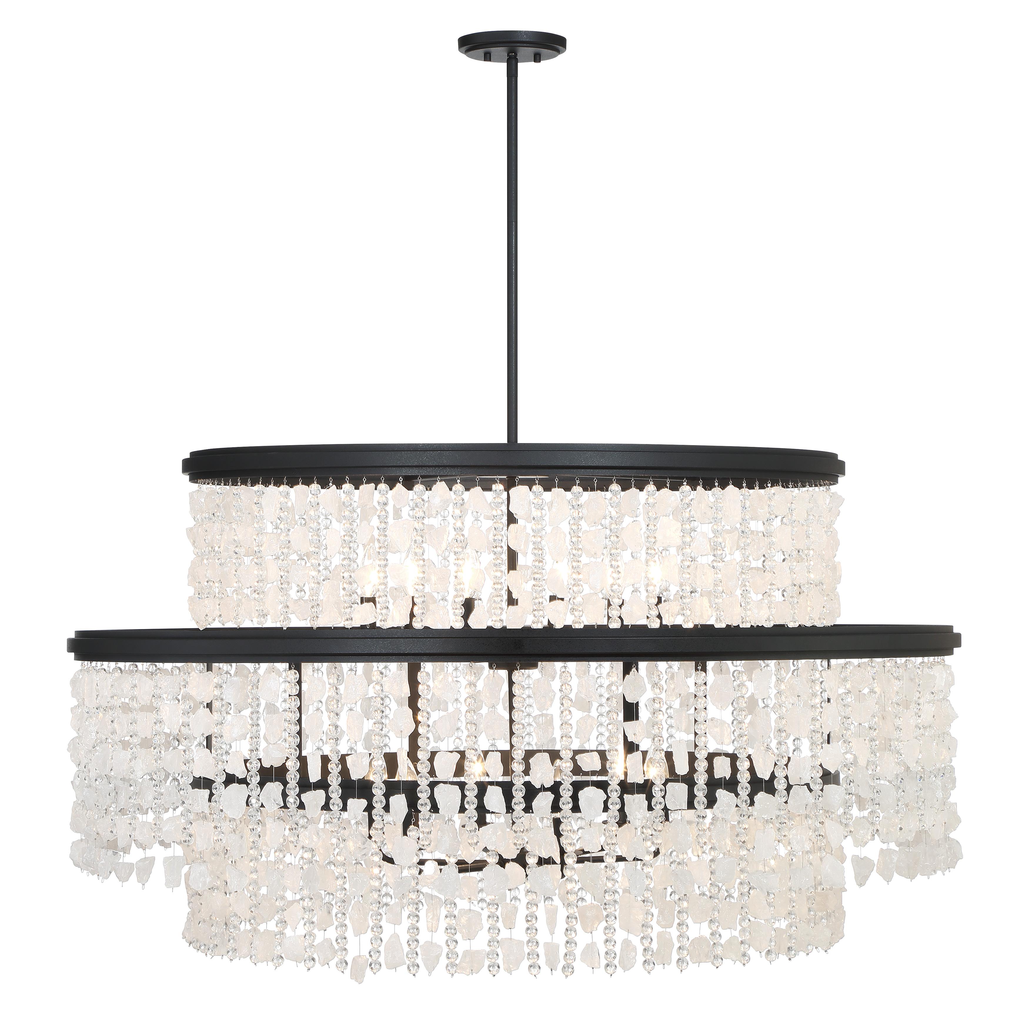 This stunning 12-light chandelier combines contemporary design with luxurious crystal detailing. The 48-inch width and dramatic quartz crystal beads create spectacular light refraction, while the Sand Coal Black finish adds modern sophistication. - alternate view
