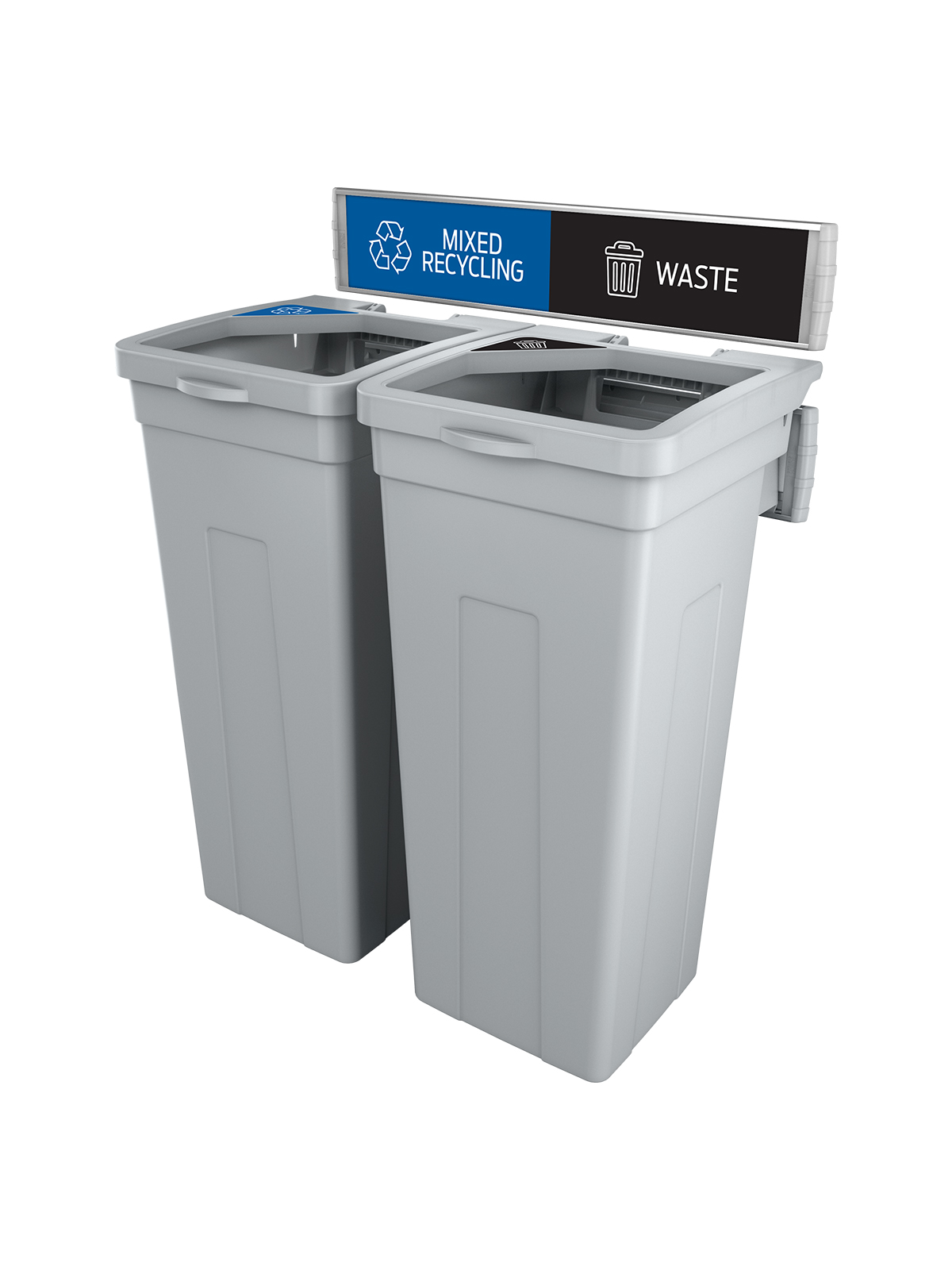 Busch Systems Rise Series Grey double body with lid sign frame and mixed recycling and waste signs and labels