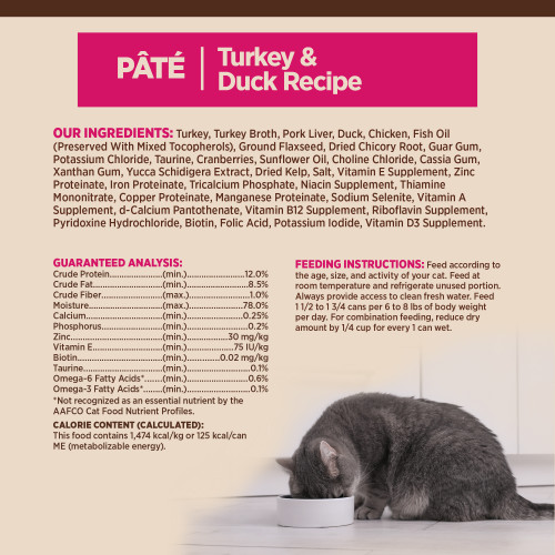 <p>Turkey, Turkey Broth, Pork Liver, Duck, Chicken, Fish Oil (Preserved With Mixed Tocopherols), Ground Flaxseed, Dried Chicory Root, Guar Gum, Potassium Chloride, Taurine, Cranberries, Sunflower Oil, Choline Chloride, Cassia Gum, Xanthan Gum, Yucca Schidigera Extract, Dried Kelp, Salt, Vitamin E Supplement, Zinc Proteinate, Iron Proteinate, Tricalcium Phosphate, Niacin Supplement, Thiamine Mononitrate, Copper Proteinate, Manganese Proteinate, Sodium Selenite, Vitamin A Supplement, d-Calcium Pantothenate, Vitamin B12 Supplement, Riboflavin Supplement, Pyridoxine Hydrochloride, Biotin, Folic Acid, Potassium Iodide, Vitamin D3 Supplement.</p>
