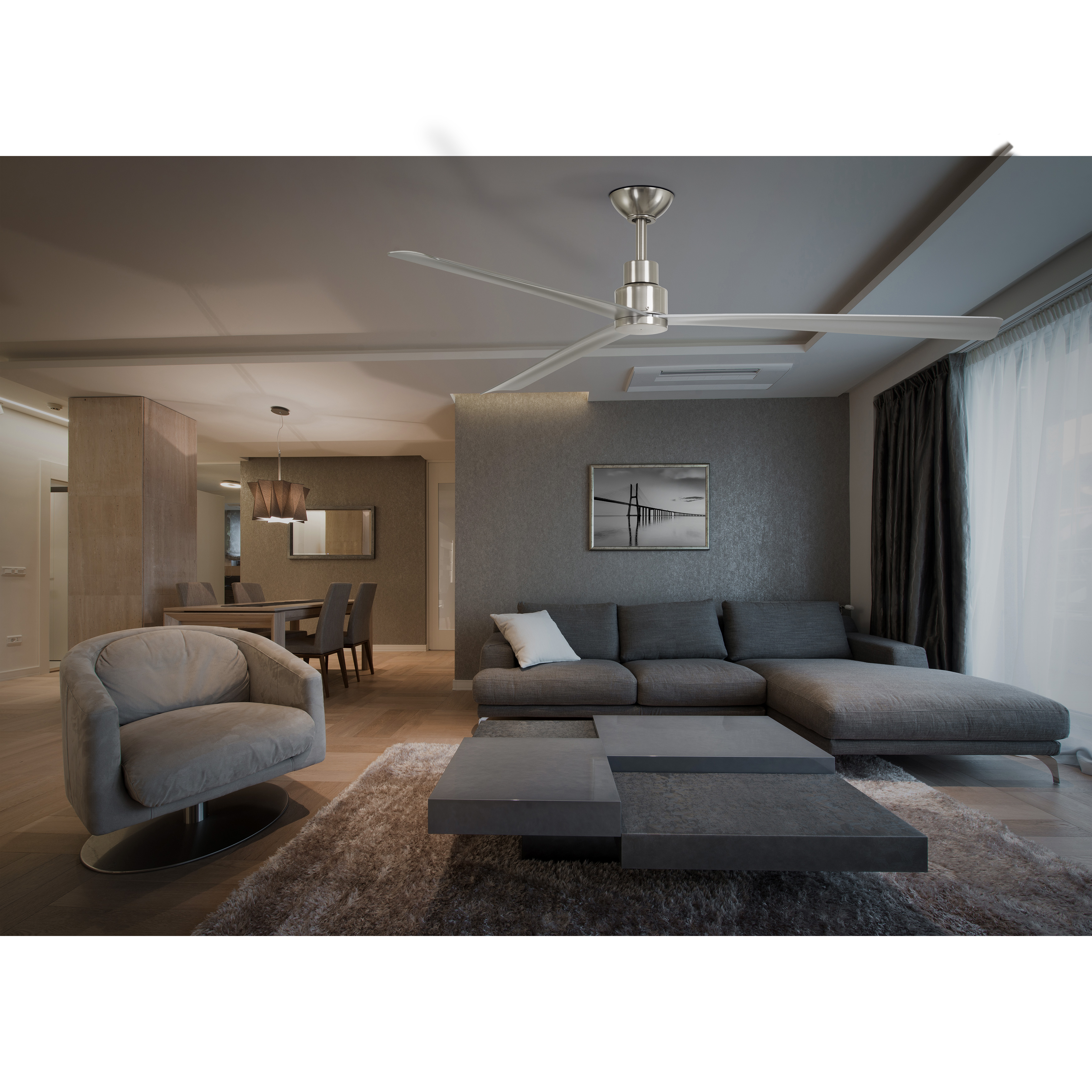 The Simple 65" ceiling fan delivers powerful airflow for expansive outdoor spaces with a wet-rated brushed nickel finish. Its DC motor provides energy-efficient operation while the oversized blade span handles large patios and porches. - alternate view