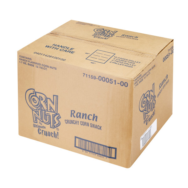 CORN NUTS Ranch Crunchy Corn Kernels Snack, 1.7 oz. 18 Packs of 12 . C1RA - Front Right Closed Case (Hi Res)