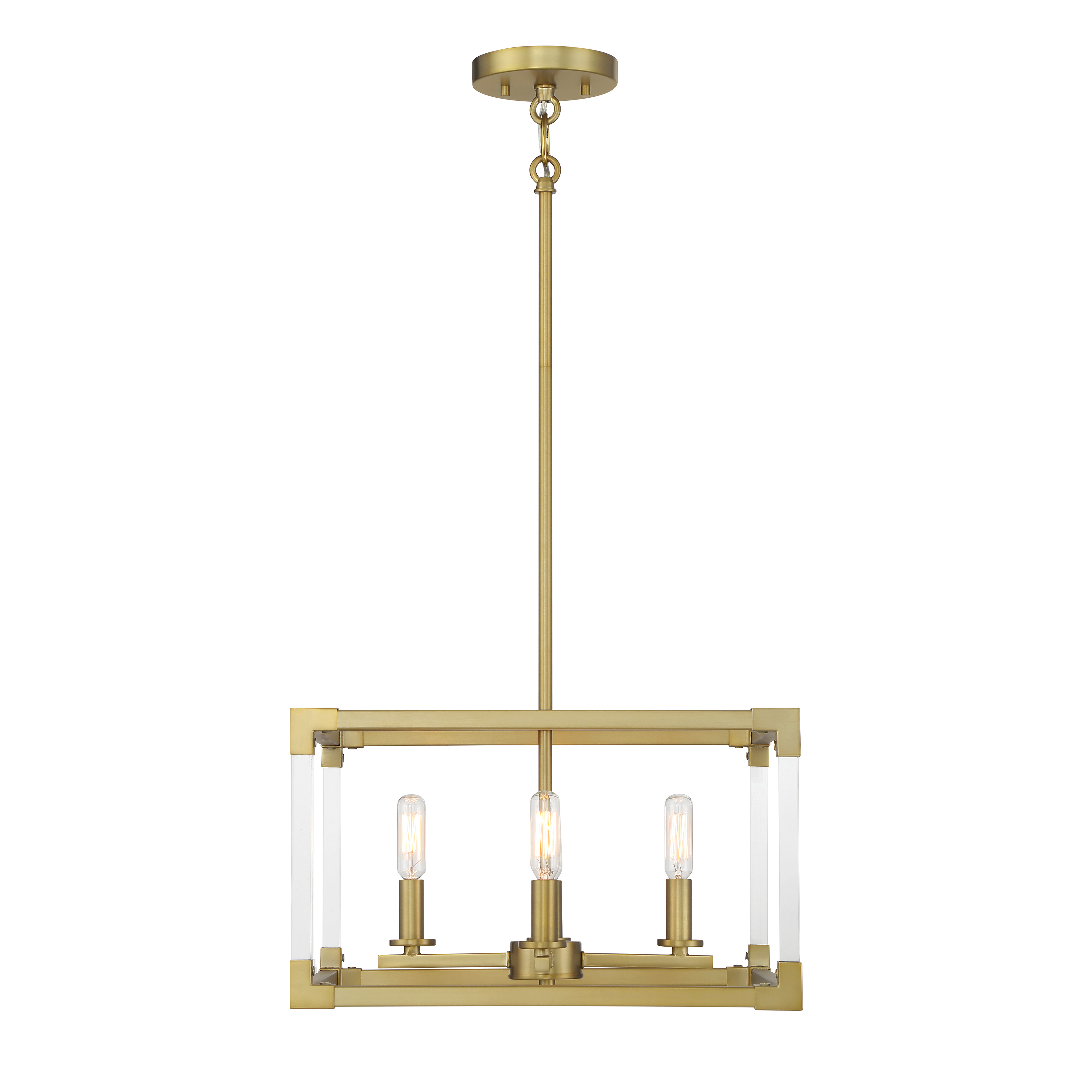The Oro District pendant combines contemporary geometric design with luxurious soft brass finish and clear acrylic accents. Its 16-inch width and 4-light configuration provide excellent illumination for dining and kitchen spaces. - alternate view